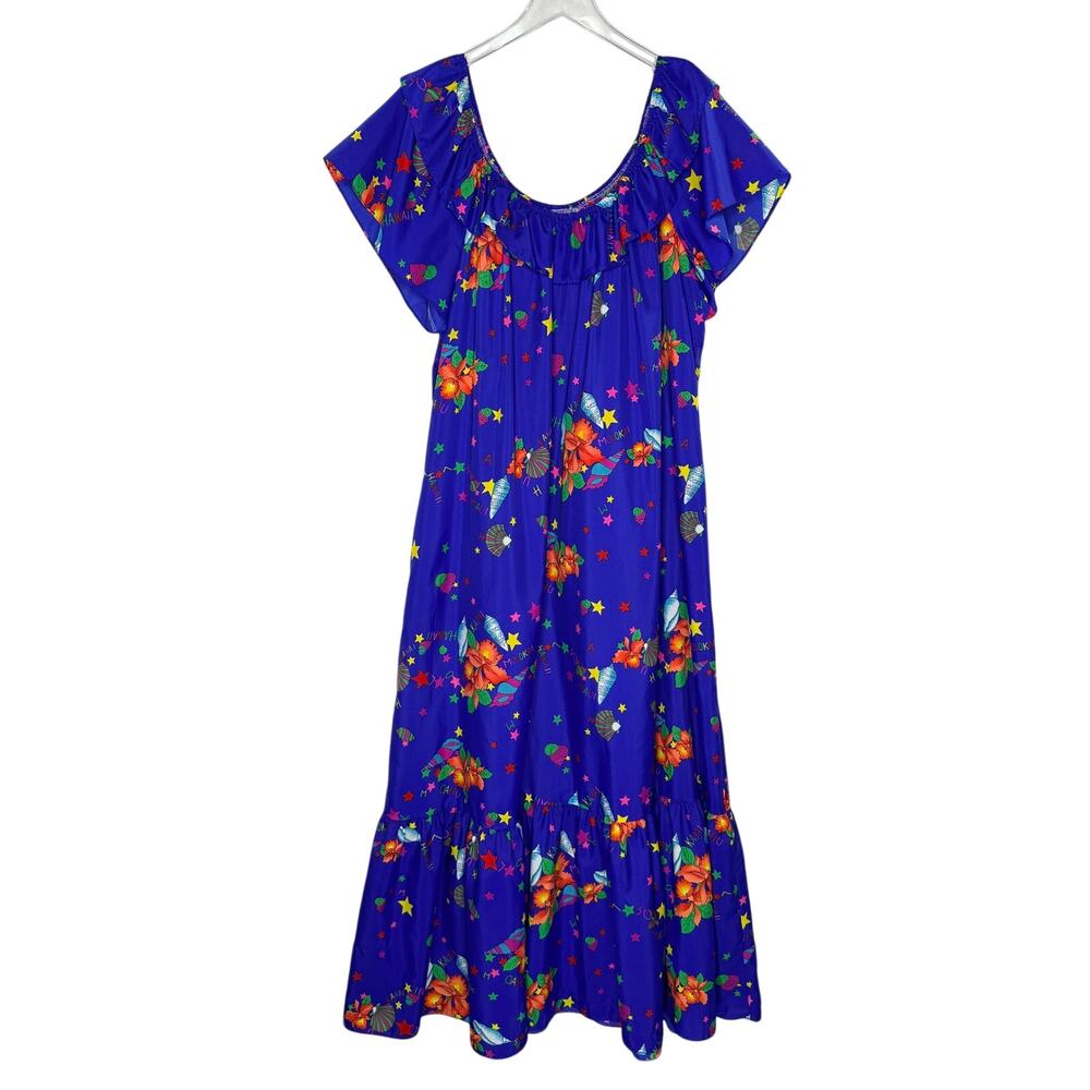 Vintage Hilo Hattie Hawaiian Mumu Dress 3XL Bright Blue Stars Shells Travel